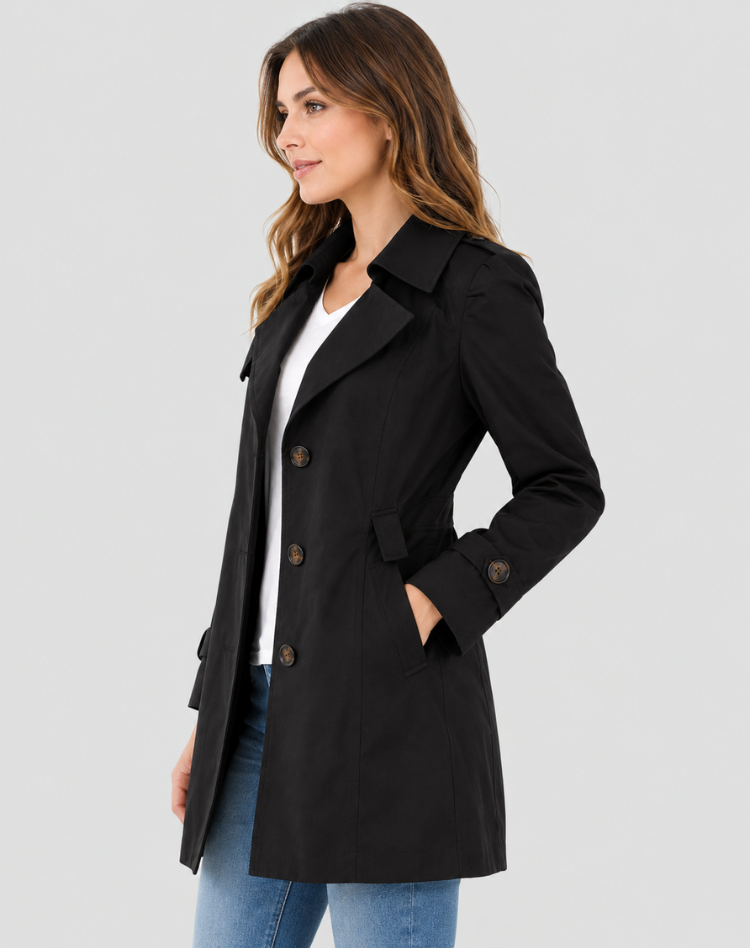Dos d'un trench-coat femme, fente d'aisance et ceinture, design classique et intemporel chic.