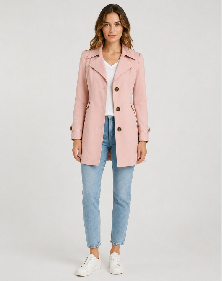 Trench-coat long beige femme, ceinture à la taille, style chic et classique pour look intemporel.