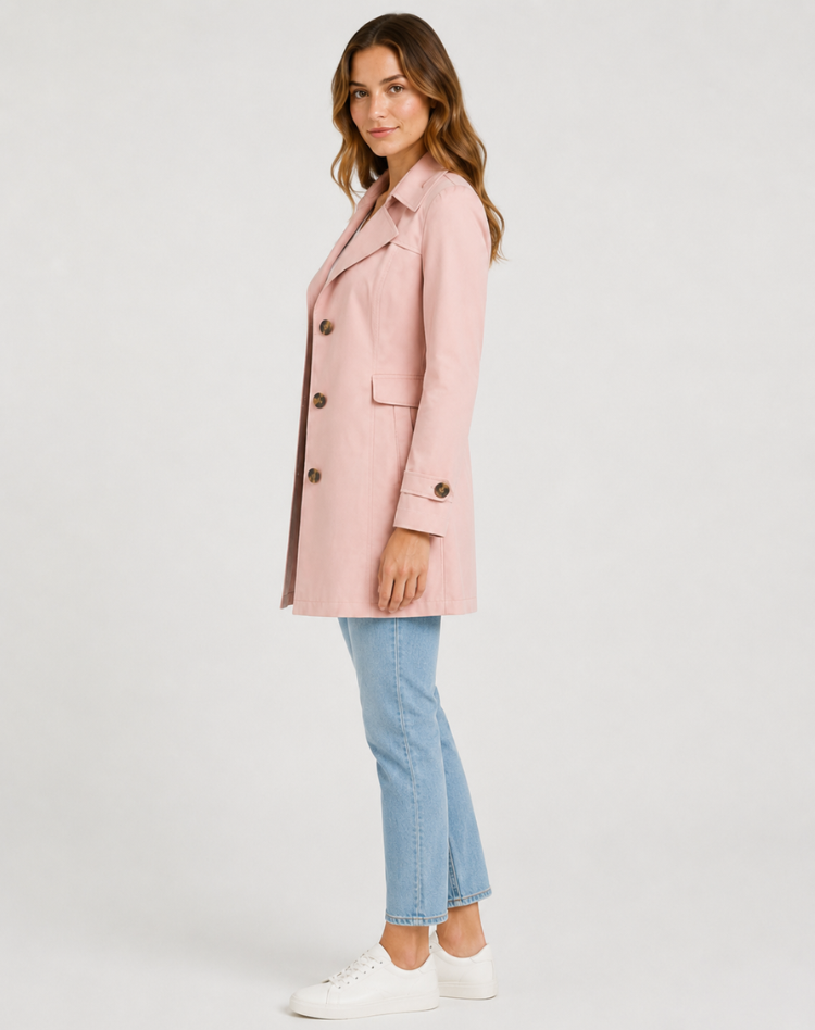 Trench-coat femme porté ouvert, versatile, style urbain élégant pour le printemps/automne.