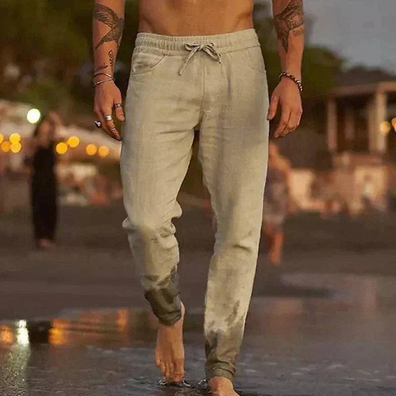 Pantalon décontracté en lin pour hommes, style estival élégant et léger.