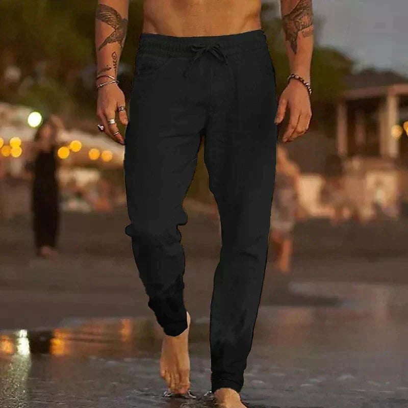 Pantalon en lin et coton pour hommes, respirant et parfait pour la plage ou les vacances.