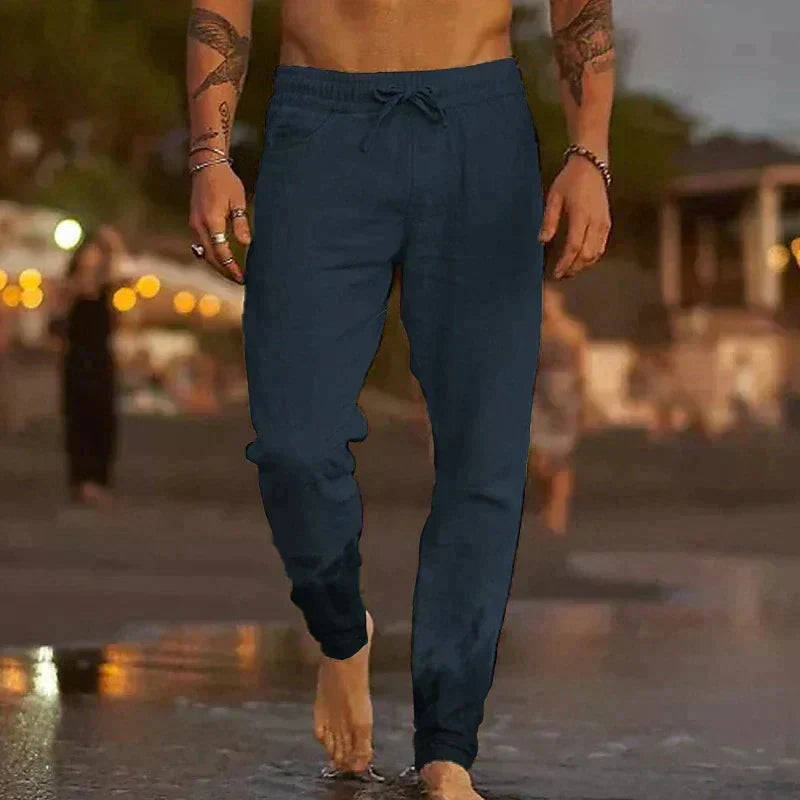 Confortable pantalon en lin pour hommes, respirant et parfait pour l'été et les vacances.
