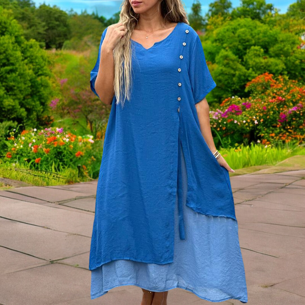 Robe décontractée col V pour femme avec boutons, style fluide et léger, idéale pour l'été et les tenues estivales.