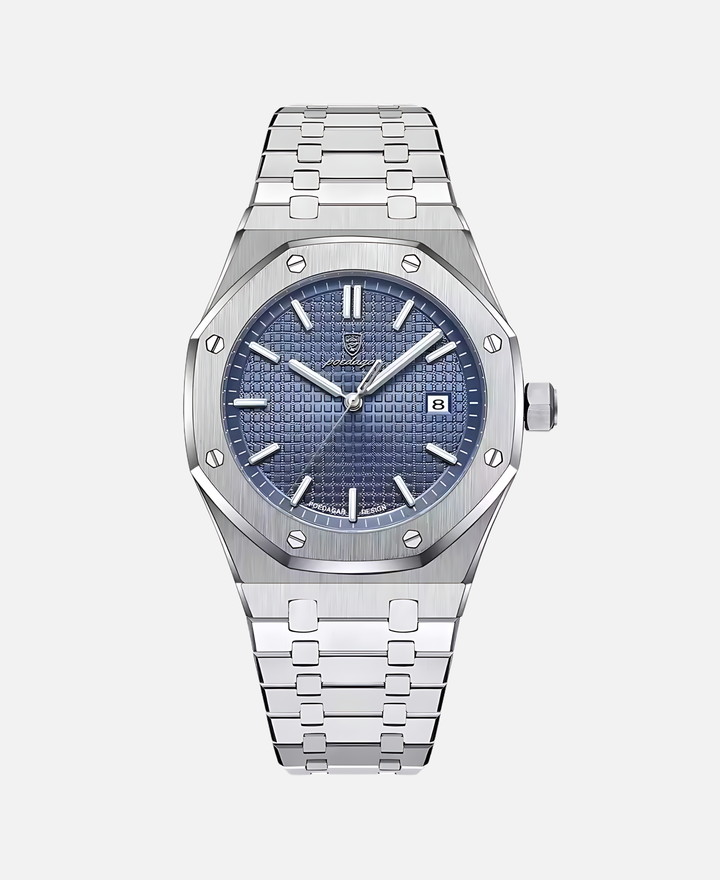 Montre bracelet homme élégante 41mm en acier inoxydable. Cadran bleu océan, style classique et raffiné.