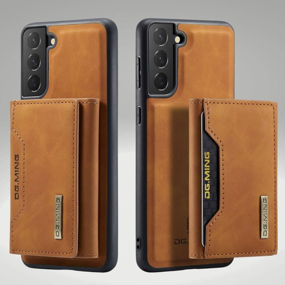 Étui portefeuille magnétique en cuir pour smartphone, vue intérieure avec fentes pour cartes.