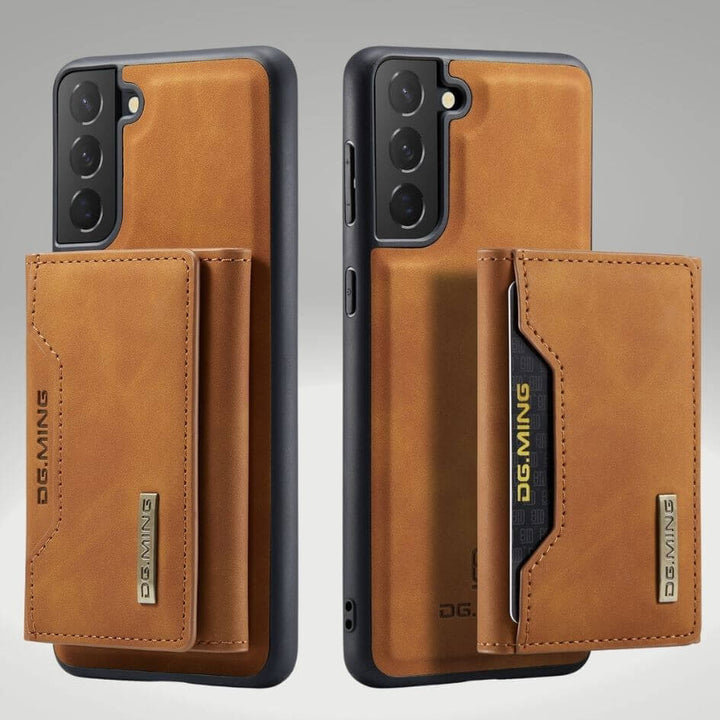 Étui portefeuille magnétique en cuir pour smartphone, vue intérieure avec fentes pour cartes.