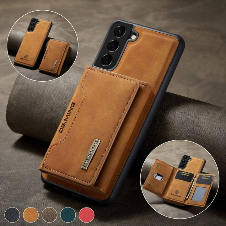 Vue générale de l'étui en cuir magnétique pour téléphone portable, couleur marron.