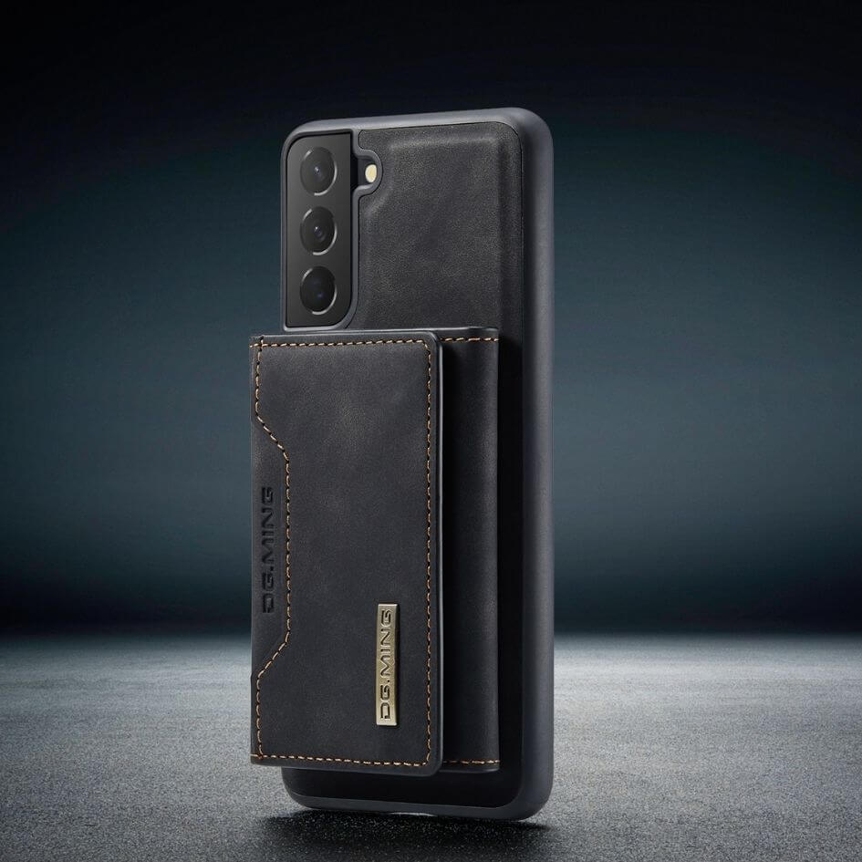 Étui portefeuille en cuir noir avec fermeture magnétique pour smartphone élégant.