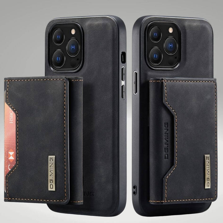 Housse en cuir marron, magnétique, transformable en support pratique pour téléphone.