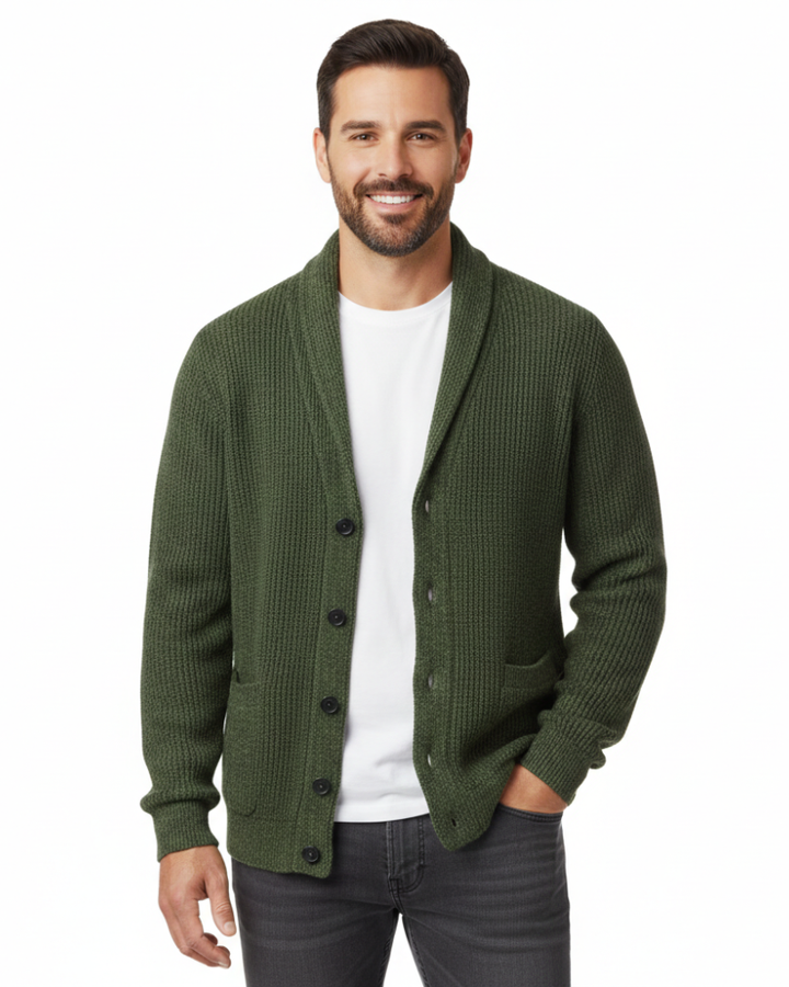 Gilet cardigan rayé homme, style vintage, col V. Détails boutons et poches pour un confort mode.