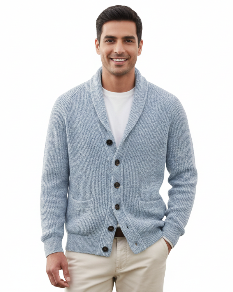 Cardigan rétro rayé à col V pour homme, avec boutons. Vêtement masculin chic et polyvalent.