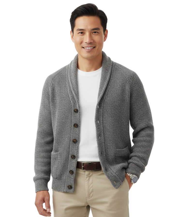 Cardigan homme élégant rayures, col V. Parfait pour un look casual vintage avec boutons et poches.
