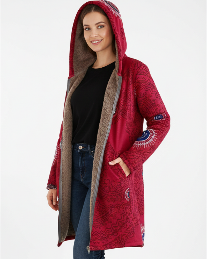 Parka femme chaude hiver, style bohème, avec motif géométrique et capuche. Idéale pour le froid.