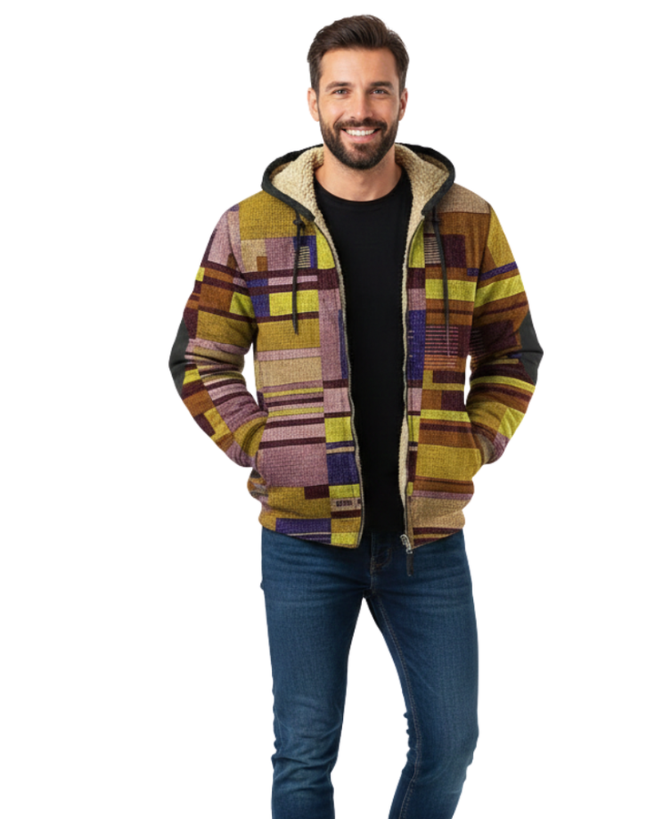 Veste homme patchwork à capuche, confortable, coupe décontractée. Idéal pour un look urbain moderne.