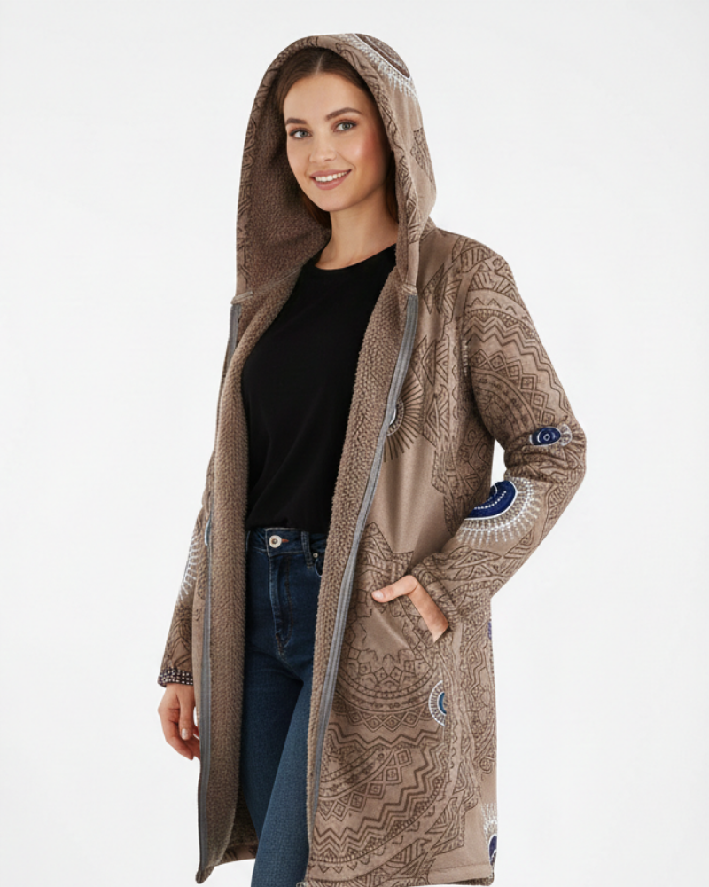 Veste parka femme doublée et chaude, motif géométrique unique, capuche. Parfaite pour l'hiver bohème.