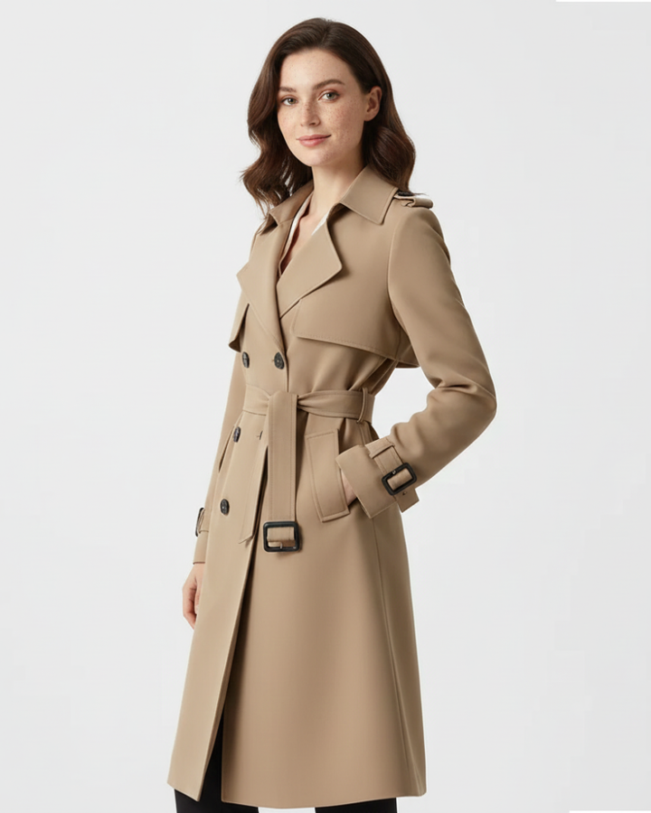 Trenchcoat femme automne/hiver. Manteau mi-long ceintré, coupe élégante, double boutonnage pour un look chic.