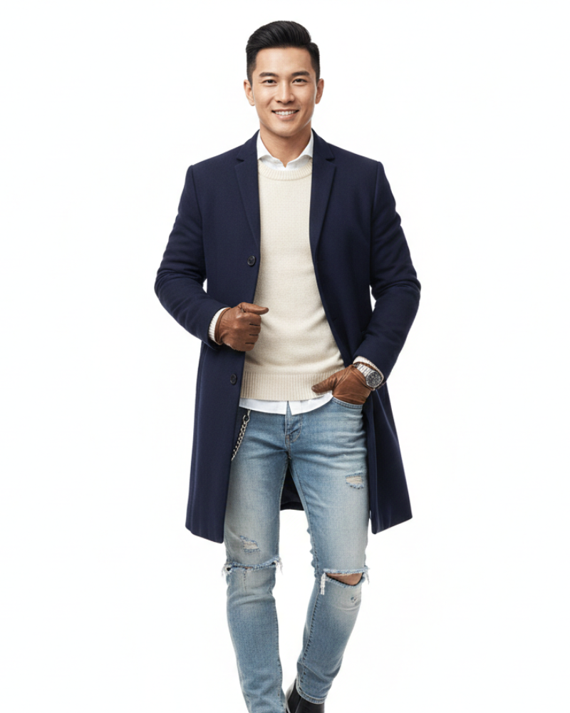 Veste longue homme moderne, coupe ajustée, parfaite pour tenue professionnelle ou style urbain élégant. Outerwear d'hiver.