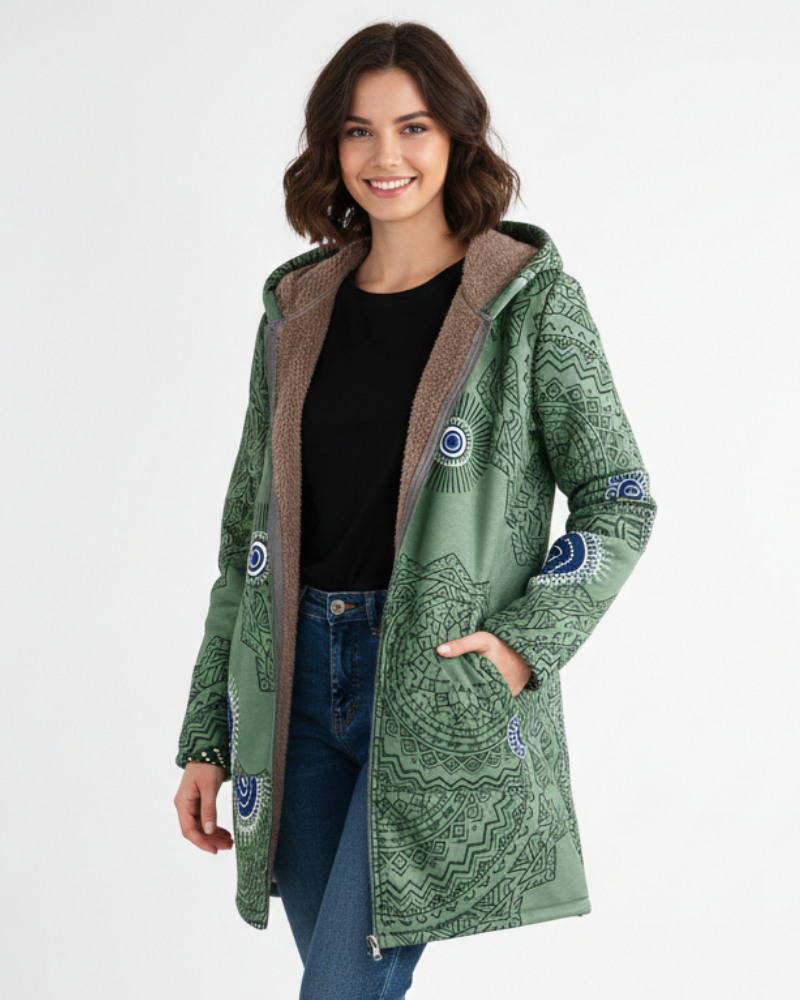Manteau femme hiver chaud, style bohème chic, motif géométrique distinctif et capuche. Vêtement d'extérieur.