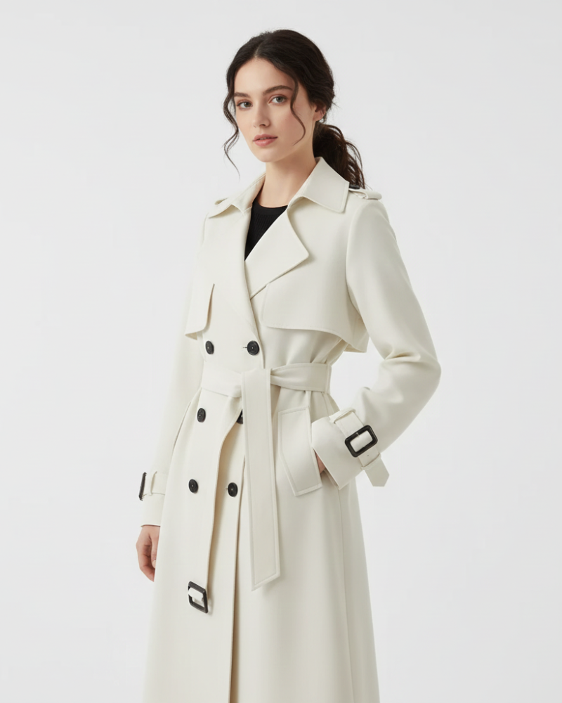 Manteau trench femme élégant et polyvalent. Mi-long, double boutonnage, coupe cintrée, idéal chic bureau/urbain.
