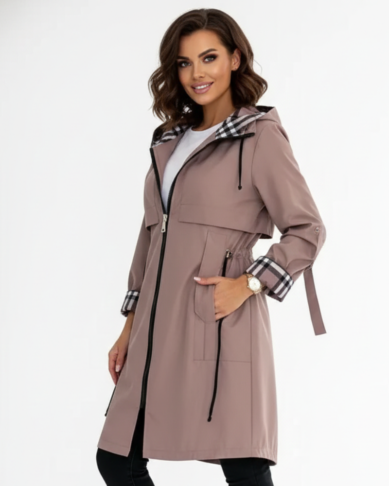 Veste femme chic et imperméable, coupe-vent, idéale pour le voyage. Manteau à capuche offrant protection toutes saisons.