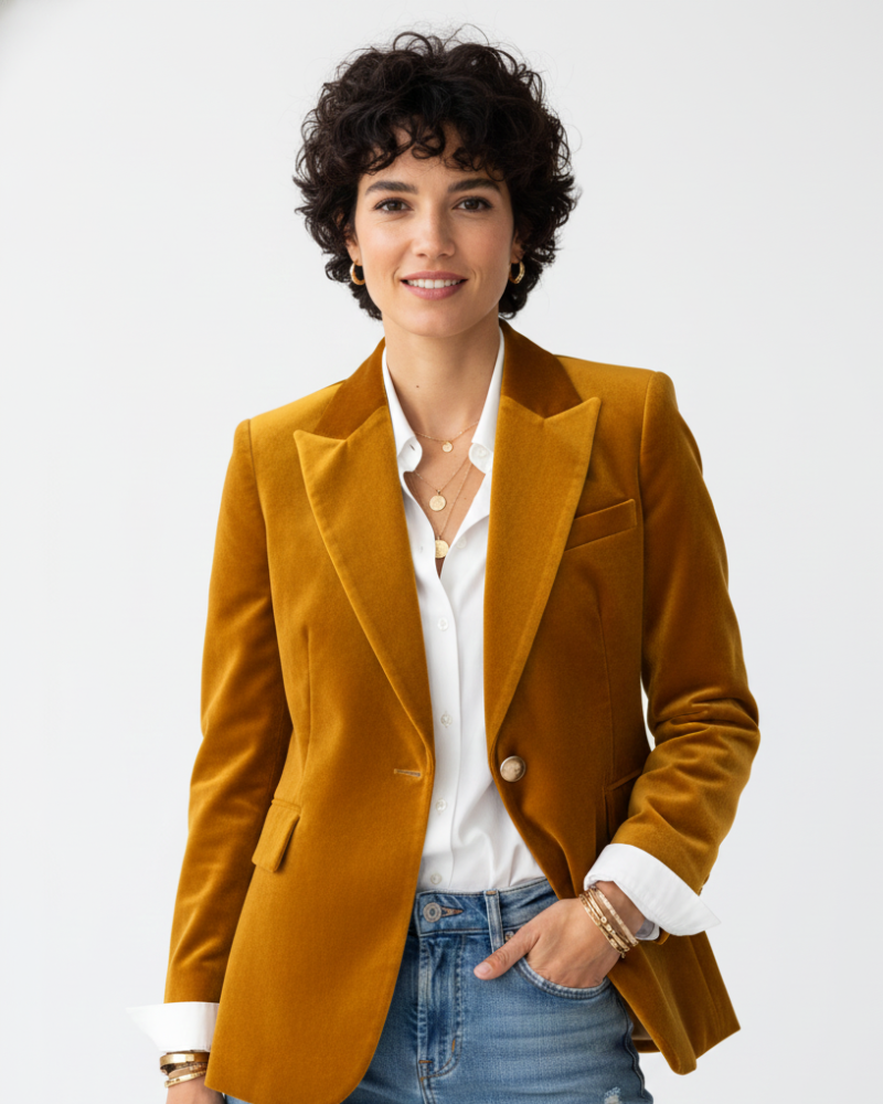 Blazer femme vert élégant, coupe chic et boutons dorés. Parfait pour une tenue bureau ou un look rétro.