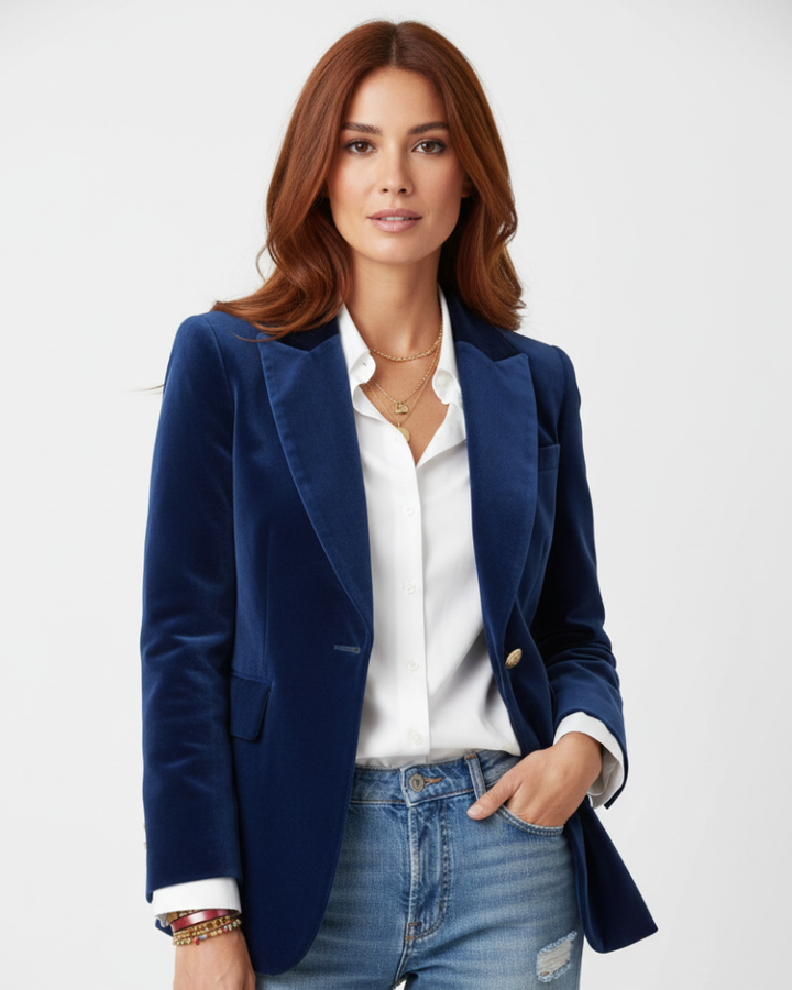 Mode femme: blazer vert élégant avec boutons dorés. Veste polyvalente pour un look chic et moderne.