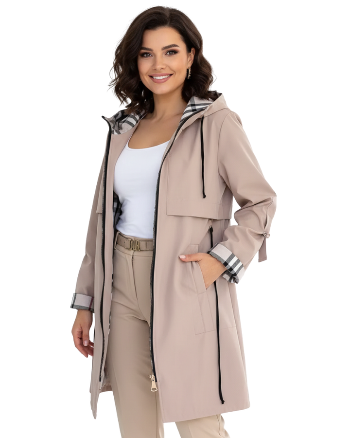 Manteau femme urbain, imperméable et coupe-vent. Veste élégante avec capuche, parfaite pour printemps et automne.
