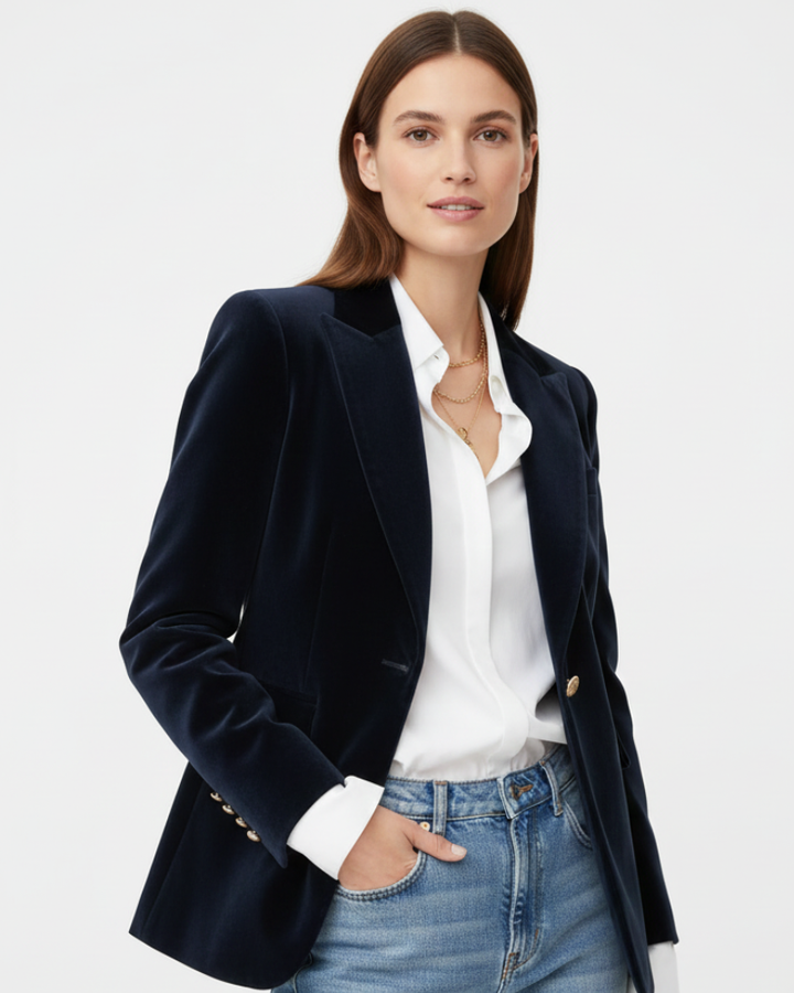Veste blazer femme chic verte, coupe élégante. Boutons dorés, idéale pour tenue bureau ou style rétro.