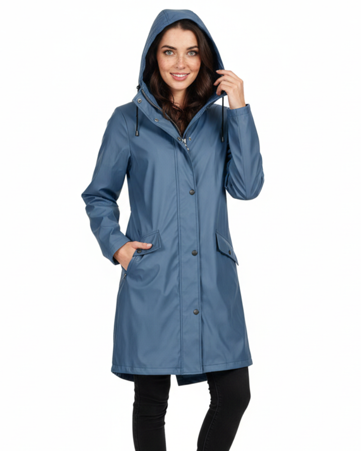 Manteau de pluie femme confortable, protection imperméable et coupe-vent optimale, vêtement élégant pour affronter le mauvais temps.