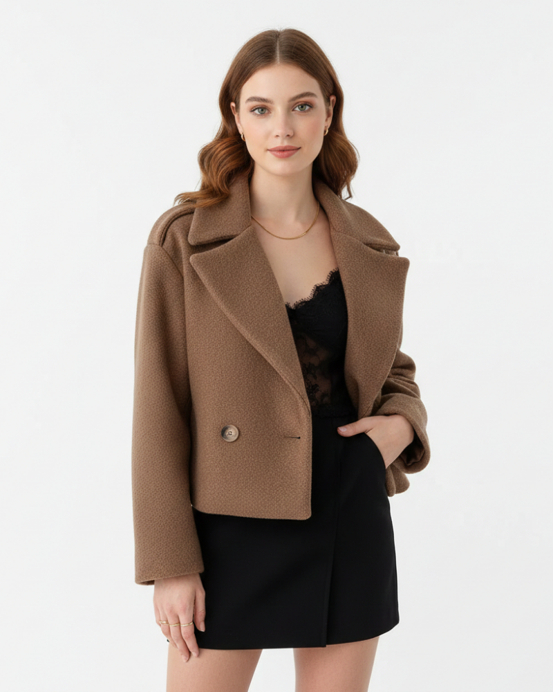 Manteau femme tendance coupe oversize, veste courte élégante avec double boutonnage et col revers chic.