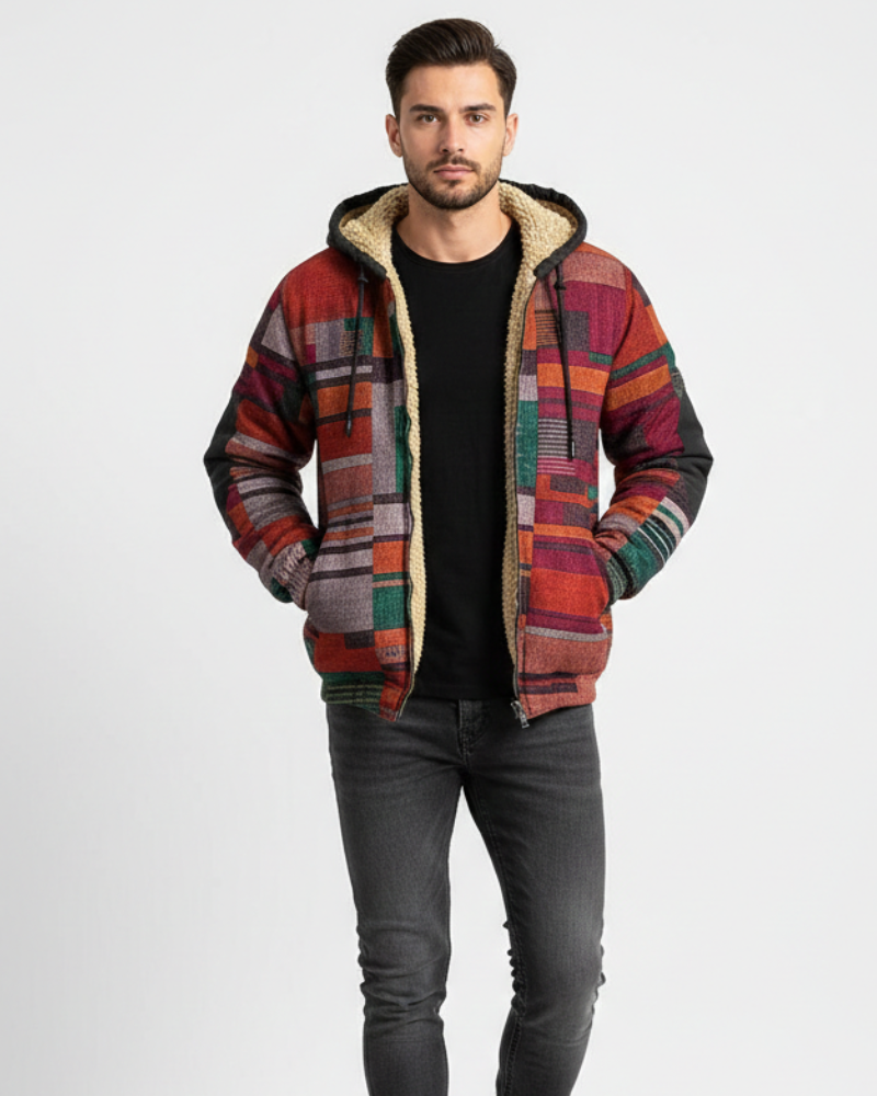 Gilet homme style patchwork coloré avec capuche. Veste confortable et décontractée pour un look urbain tendance.