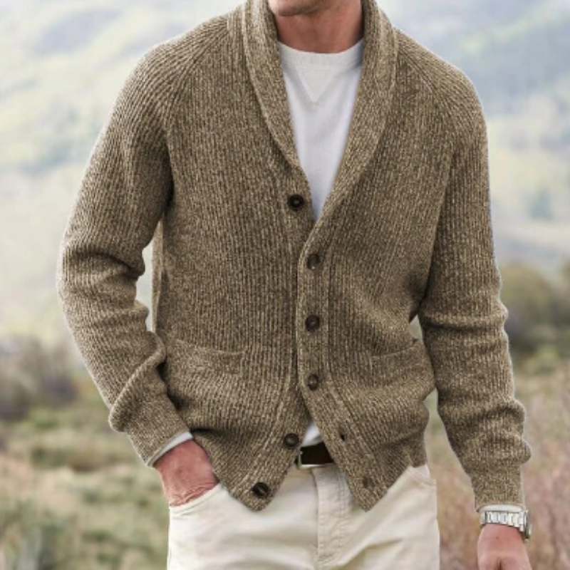 Cardigan tricoté rétro homme, boutons, col V, mode décontractée chic, confort et élégance.