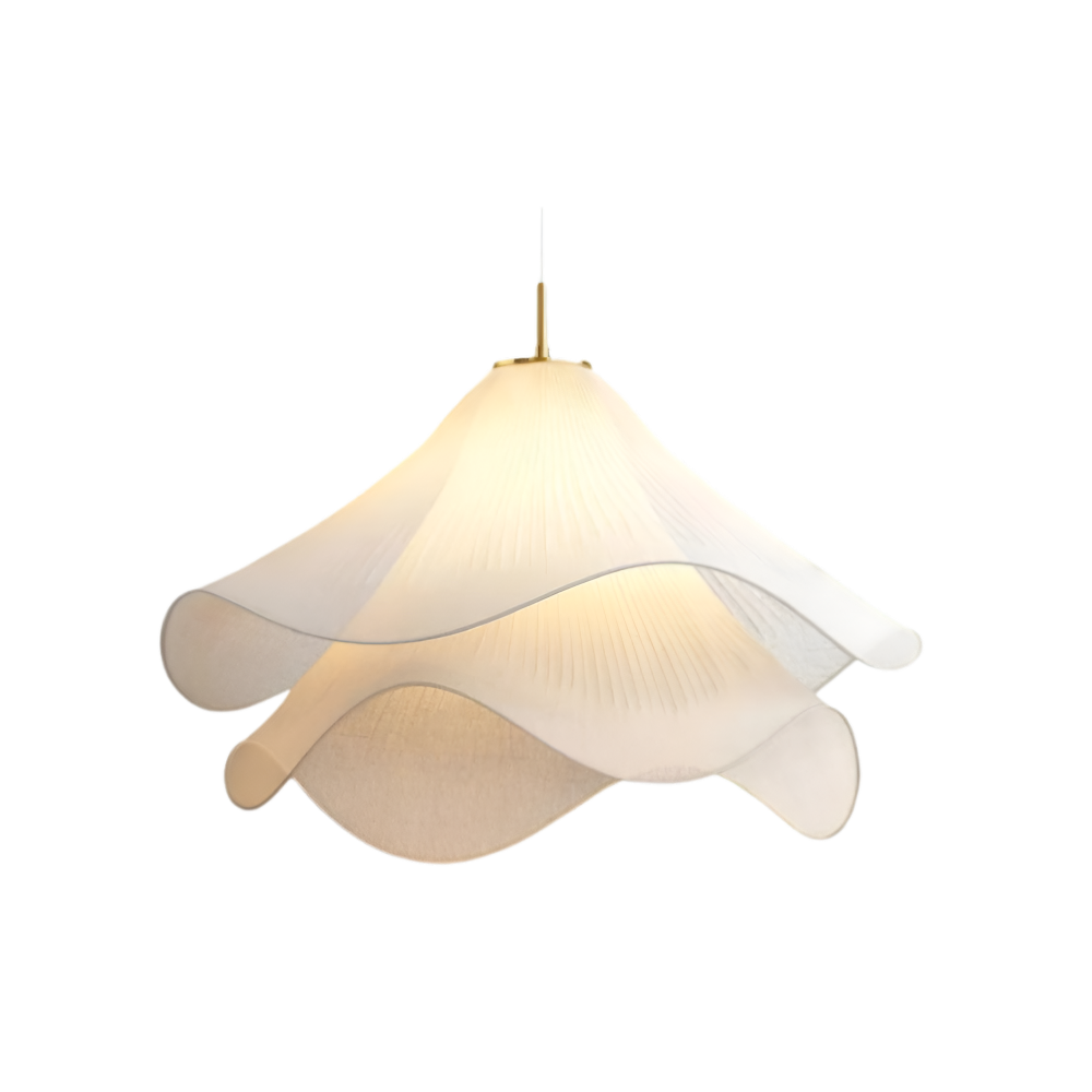 Luminaire suspendu fleuri en tissu, design Japandi minimaliste, parfait pour salle à manger moderne.