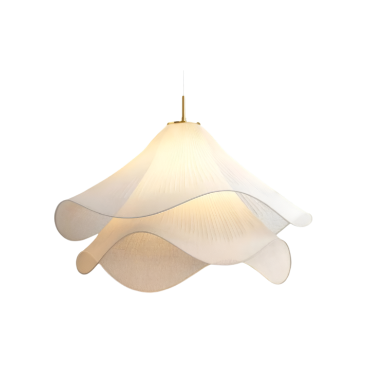 Luminaire suspendu fleuri en tissu, design Japandi minimaliste, parfait pour salle à manger moderne.