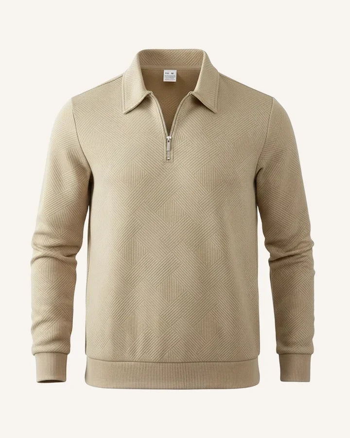 Pull homme zippé col polo, fermeture éclair, maille texturée. Style moderne, pratique et élégant.