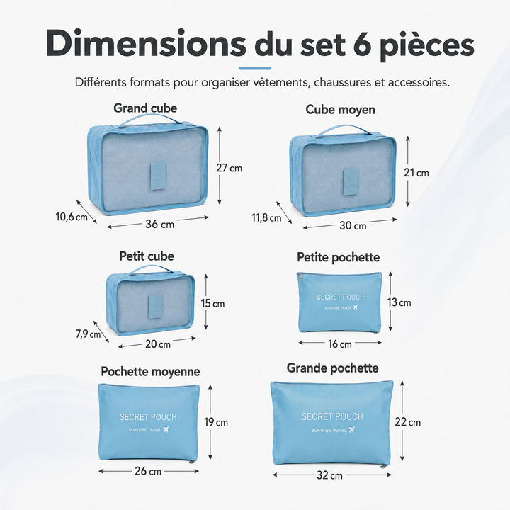 Sacs de rangement de voyage de différentes tailles pour une organisation complète de valise et de vos affaires.