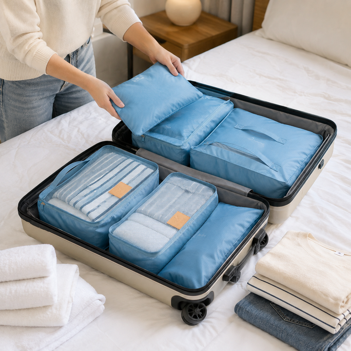 Trousse de voyage et sacs organisateurs polyvalents pour ranger vos accessoires et vêtements dans la valise.