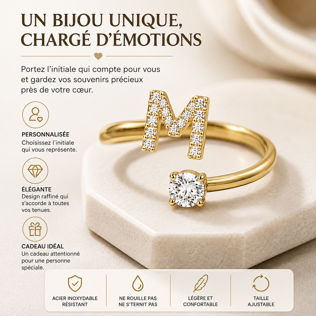 Élégante bague initiale en argent, ajustable pour femme, zircon.