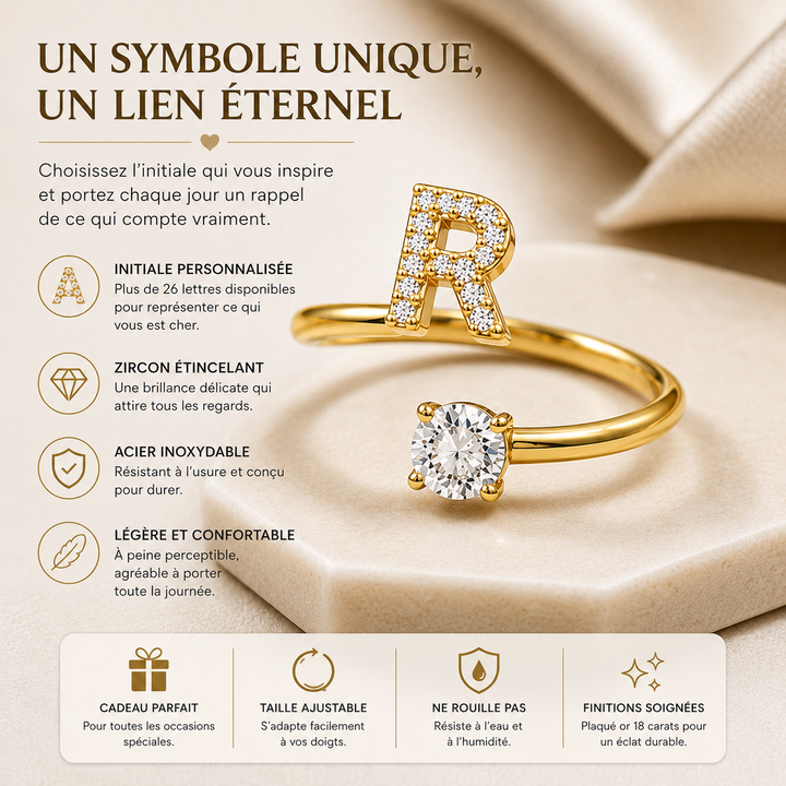 Bague femme ajustable initiale, bijou personnalisé pour un cadeau.