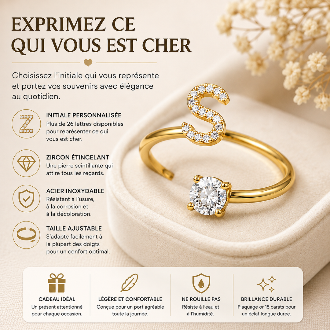 Bijou personnalisé femme, bague initiale élégante en argent réglable.
