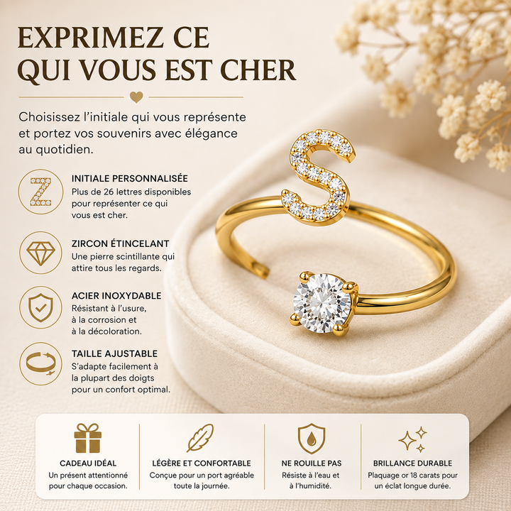 Bijou personnalisé femme, bague initiale élégante en argent réglable.