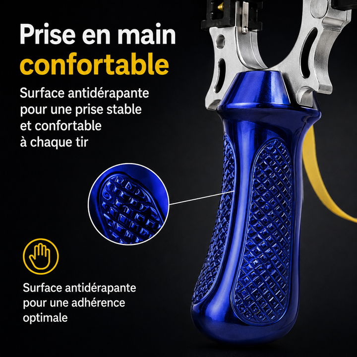Équipement de tir extérieur : fronde haute précision, viseur laser, grip antidérapant.
