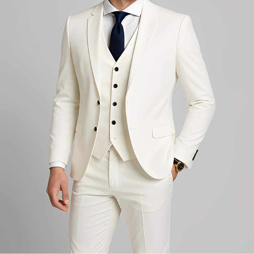Costume mariage homme ajusté : veste, gilet, pantalon. Style classique élégant.