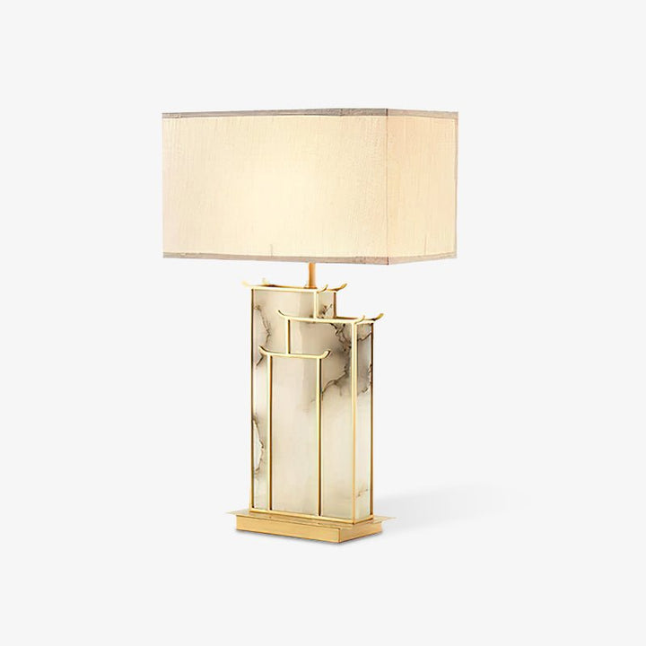 Lampe de table luxe: albâtre blanc, métal doré, design rectangulaire pour salon ou bureau.