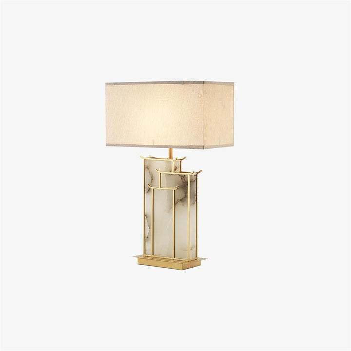 Lampe de bureau moderne, rectangulaire, albâtre blanc et métal doré. Lumière élégante et fonctionnelle.