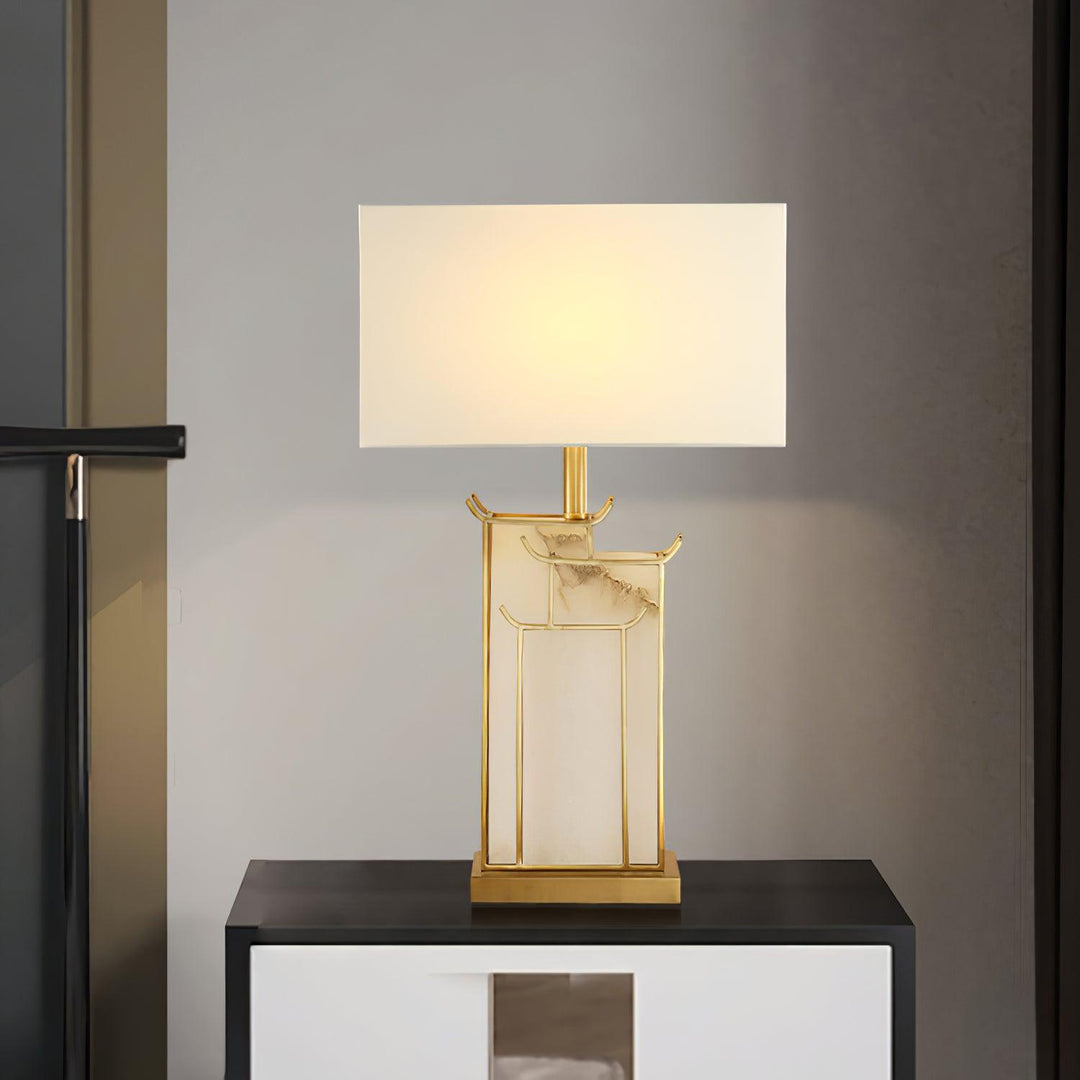 Superbe lampe rectangulaire or+blanc en albâtre. Éclairage d'ambiance raffiné pour salon.