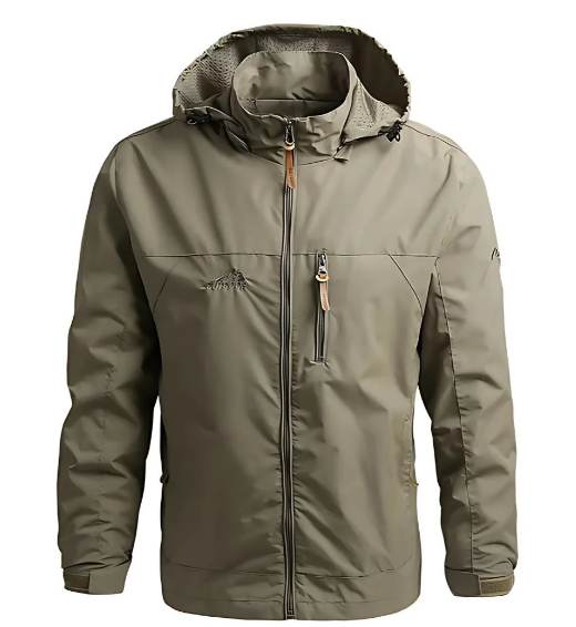 Veste homme imperméable outdoor noire avec capuche, idéale pour randonnée et sport.
