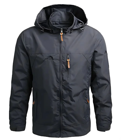 Randonneur avec veste imperméable homme et sac à dos, prêt pour l'aventure et les sports outdoor.