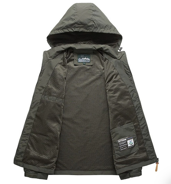 Veste homme coupe-vent multi-poches, parfaite pour le camping, voyage et aventure outdoor.