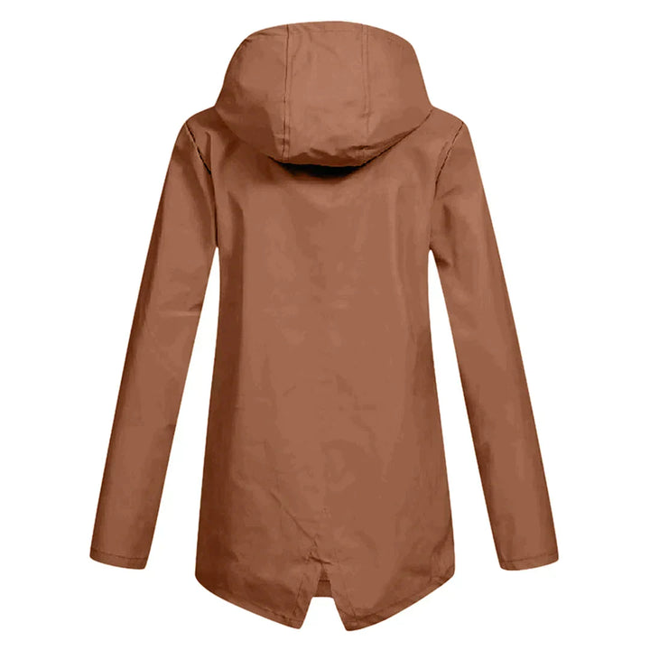 Manteau de pluie femme élégant et long, silhouette raffinée, parfait pour la protection mode.